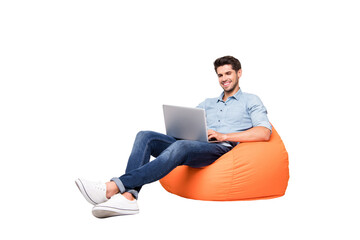 Fototapeta na wymiar Turned full length body size photo of cheerful toothy handsome attractive man smiling beaming enjoying finishing his project isolated over grey color background