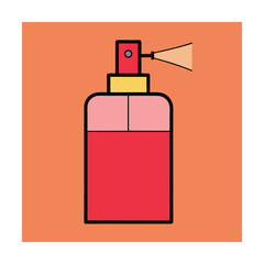 Stylish perfume bottle with spray in bright red and pink colors on an orange background