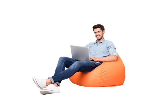 Turned full length body size photo of cheerful toothy handsome attractive man smiling beaming enjoying finishing his project isolated over grey color background