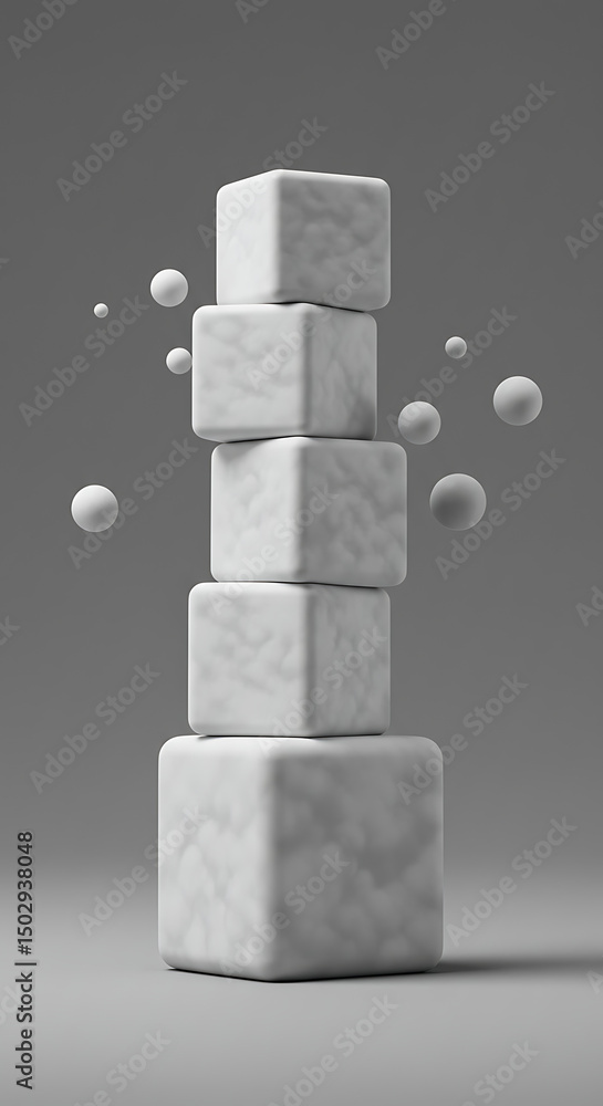 Poster stacked white marble cubes with floating spheres abstract 3d render minimalist design