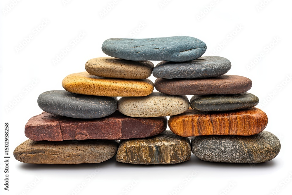 Poster smooth stones stacked harmoniously on a minimalist shelf in a serene indoor setting during daylight 
