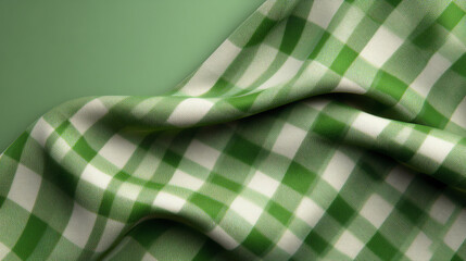 A close-up of green and white checkered fabric gracefully draped, showcasing its texture and vibrant colors in natural light.