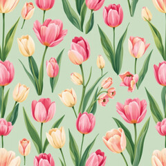 Delicate Floral Pattern with Pink and Yellow Tulips on Mint Background
