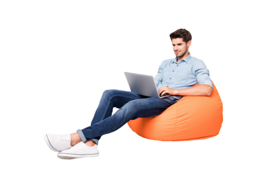 Turned full length body size photo of attractive handsome cheerful enjoying man chatting with his friends coworking isolated over grey color background