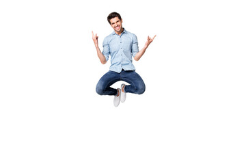 Full length body size photo of cheerful positive trendy ecstatic overjoyed rock fan showing you...