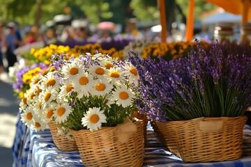 Baskets of fresh lavender and daisies overflowing on a market table, creating a vibrant display of natural beauty and fragrance