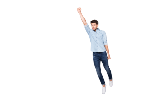 Full length body size photo of aspiring man flying confidently to sales at discounted shopping mall isolated over grey color background