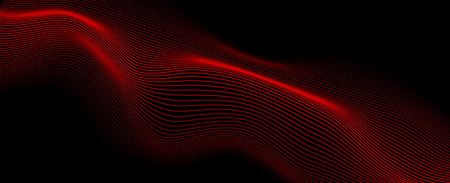 Abstract red wave lines on black background with flowing, futuristic motion effect, perfect for tech, music, or digital backgrounds.