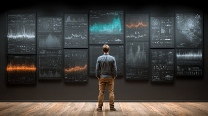 A person studies data visualizations in a modern gallery, reflecting on analytical insights and trends in business intelligence.