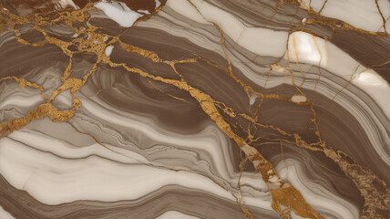 A high-resolution photograph of luxurious brown and beige marble with golden veining