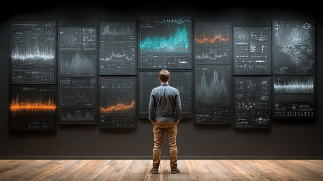 A person studies data visualizations in a modern gallery, reflecting on analytical insights and trends in business intelligence.