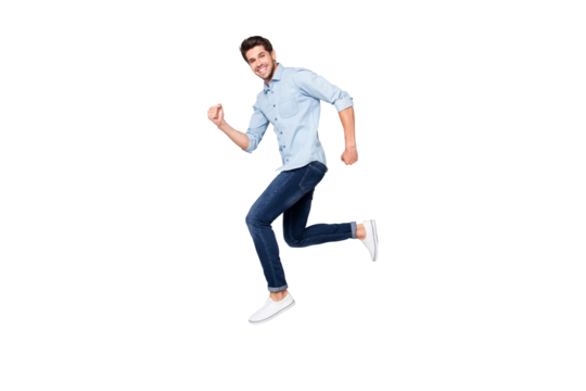 Full length body size photo of cheerful nice excited ecstatic man overjoyed with being able to jump and run in footwear high isolated over grey color background