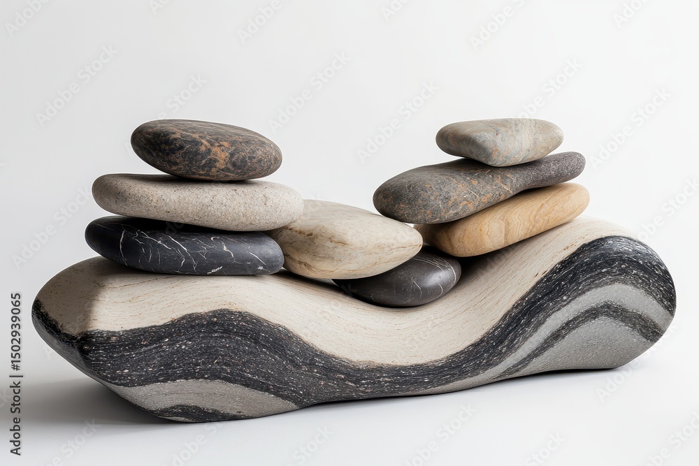 Poster Smooth stones stacked harmoniously on a minimalist shelf in a serene indoor setting during daylight hours