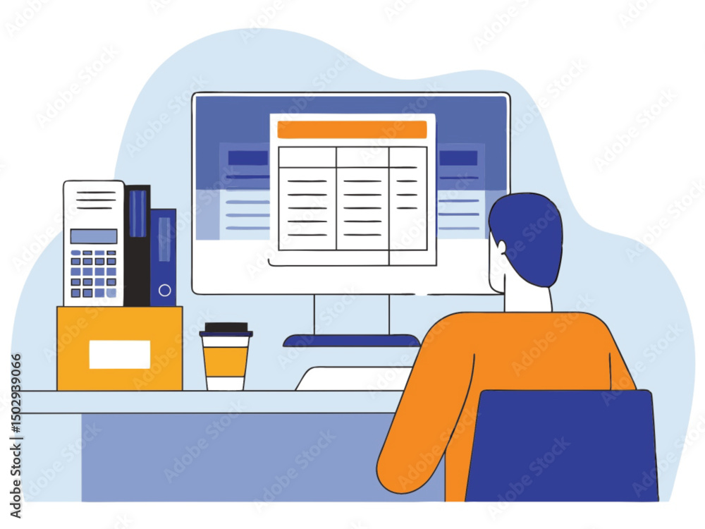 Poster office worker with laptop and computer flat design vector illustration set with business and technol