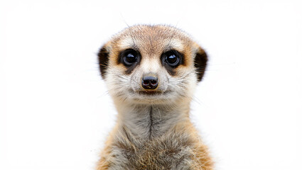 Fototapeta premium Meerkat portrait isolated on white background, showcasing its expressive eyes, furry face, and adorable features in a close-up studio shot.