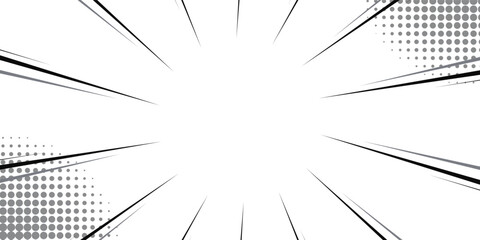 Obraz premium Comic book black and white radial lines background. Manga speed frame. Super hero action. Vector illustration.
