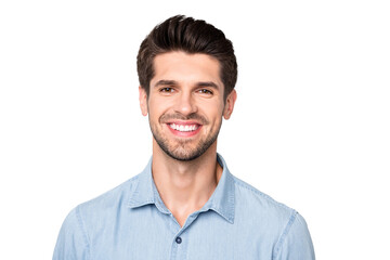 Obraz premium Close up photo of charming guy entrepreneur feel content look listen have fun with his family wear denim jeans clothes isolated over grey color background