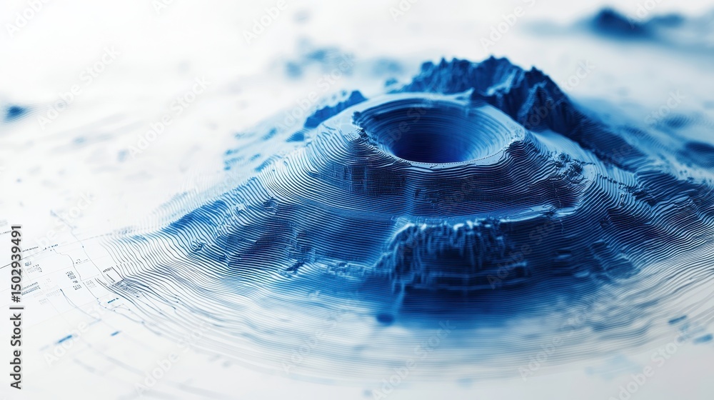 Poster abstract blue wave pattern showcasing intricate design in a circular layout with digital elements, r