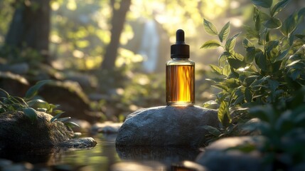 Amber bottle of liquid rests on a rock by a stream in a sunlit forest