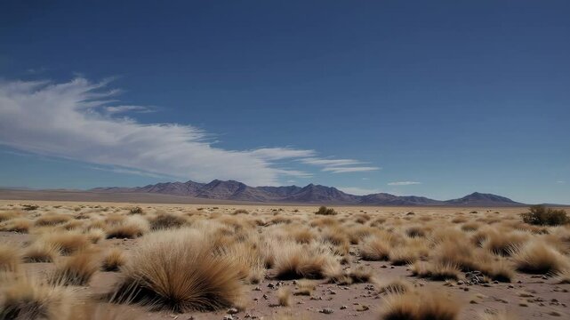 Expansive desert landscape with dramatic sky and rolling clouds in motion