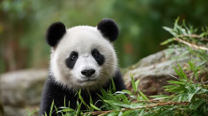 Obraz premium Cute Panda Sitting and Feeding on Bamboo