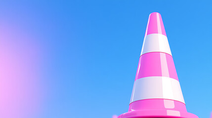 A vibrant pink traffic cone stands against a clear blue sky, symbolizing safety and caution in construction environments.