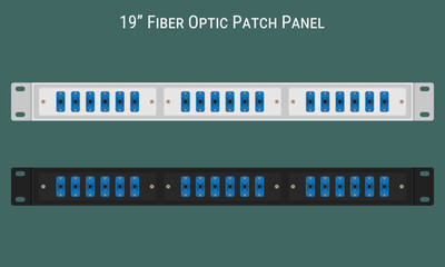 Fiber optic patch panels for 19 inch rack installation in black and white options. Vector illustration, EPS10