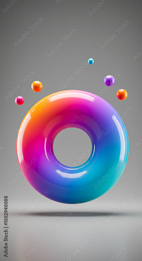 Aufkleber vibrant rainbow donut shape with floating colorful spheres abstract 3d render