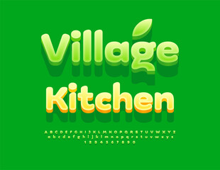 Vector Ecologic signboard Village Kitchen. Fresh Green Font. Creative Isometric Alphabet Letters and Numbers set.