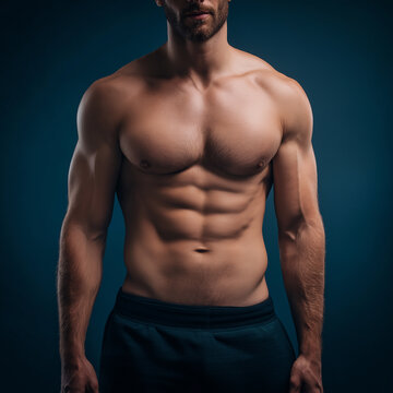 a fit, shirtless man posing confidently against a dark blue background. His muscular physique is highlighted with dramatic lighting, emphasizing defined abs, chest, and arms