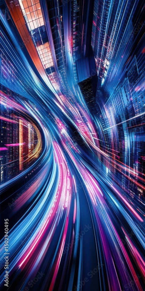 Poster abstract cityscape with dynamic light trails and speed