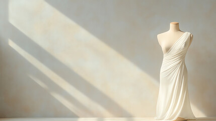 Fototapeta premium Elegant draped dress on a mannequin showcasing minimalist design and soft lighting, perfect for fashion and lifestyle content.
