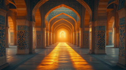 Obraz premium Golden light through ornate arches in mosque interior