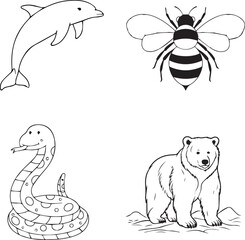 Cute black and white animal illustration set featuring a dolphin, bee, snake, and bear,perfect for coloring pages, educational materials, and kids' designs.