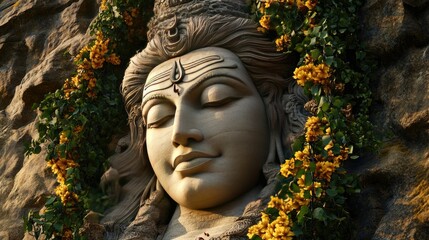 Serene Stone Sculpture of a Hindu Deity Surrounded by Vibrant Yellow Flowers in a Natural Setting with a Beautiful Play of Light and Shadow