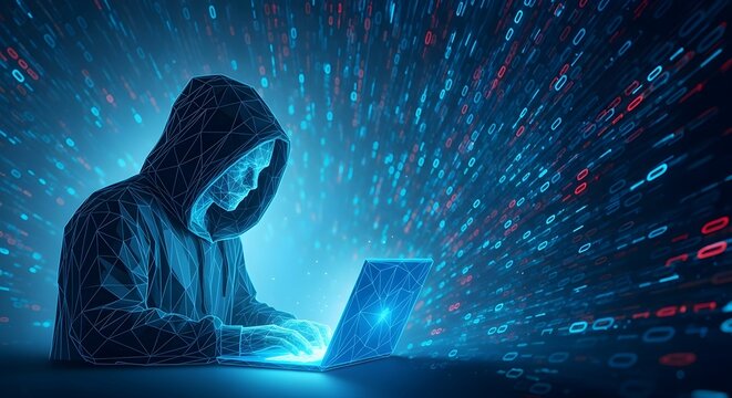 A hooded, faceless figure hunches over a glowing laptop amid swirling binary code in red and blue, rendered in a polygonal, digital style that evokes mystery, hacking, and cyber intrusion.