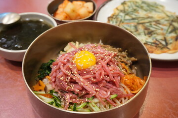 Korean Food, Korean Steak Tartare Raw Beef or Yukhoe Bibimbap Bowl - 韓国料理 ソウル ユッケビビンパ