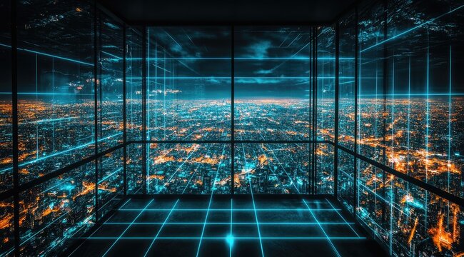 Cityscape view from a futuristic glass box