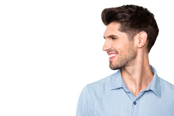 Fototapeta premium Profile side close up photo of positive cheerful man look copyspace smile have fun with his family friends enjoy spring holidays wear casual style outfit isolated over grey color background