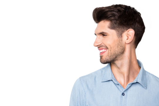 Profile side close up photo of positive cheerful man look copyspace smile have fun with his family friends enjoy spring holidays wear casual style outfit isolated over grey color background