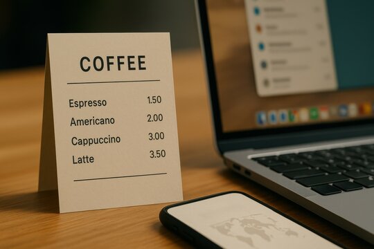 Coffee Menu Displayed Next to Laptop and Smartphone on Wooden Table in Modern Workspace - Powered by Adobe