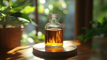 Amber glass bottle of liquid, natural light, plants