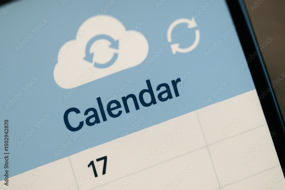 Poster digital calendar interface displaying date with synchronization symbol on a modern background