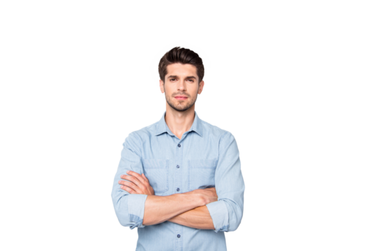 Real freelancer concept. Portrait of serious focused guy feel masculine true professional expert cross his hands wear denim jeans style clothes isolated over grey color background