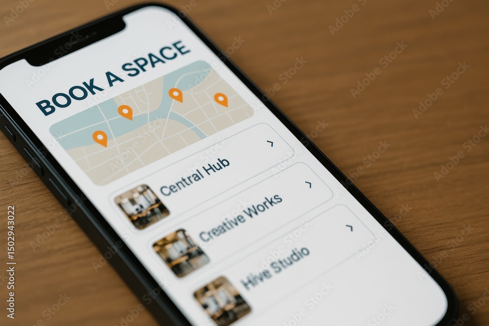 Poster mobile application for booking creative spaces with map and location markers