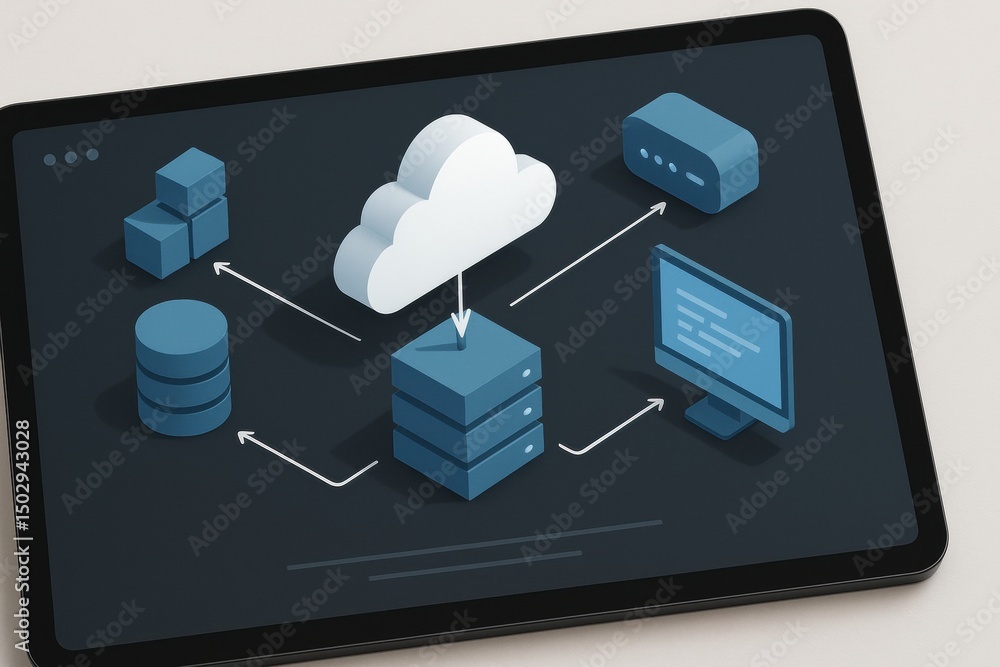 Poster digital cloud computing network with data transfer and remote access illustration on tablet screen