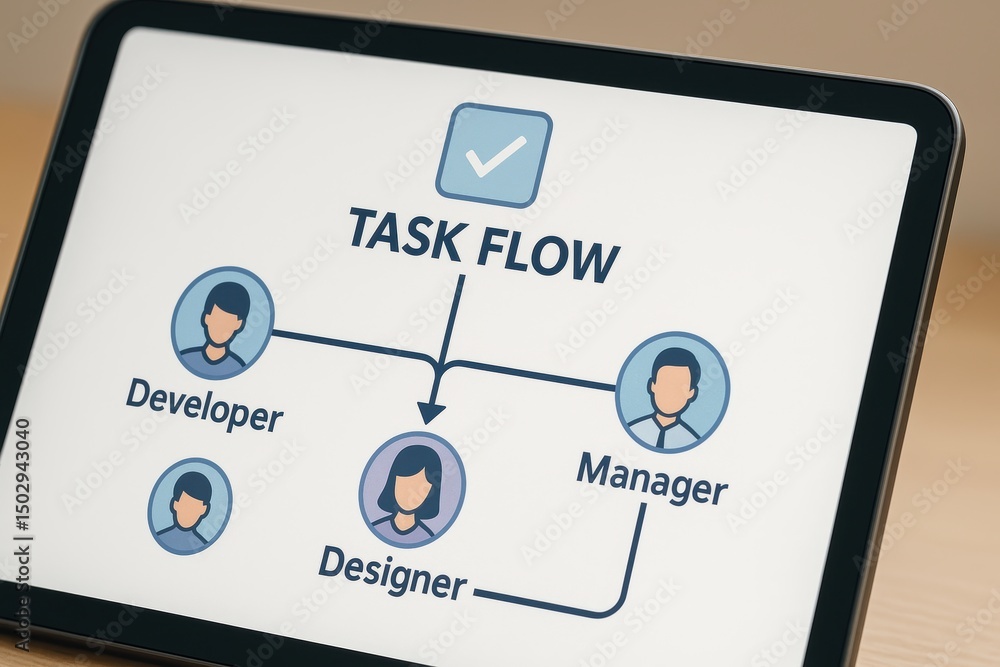 Poster task flow diagram displayed on tablet showing roles of developer, manager, and designer