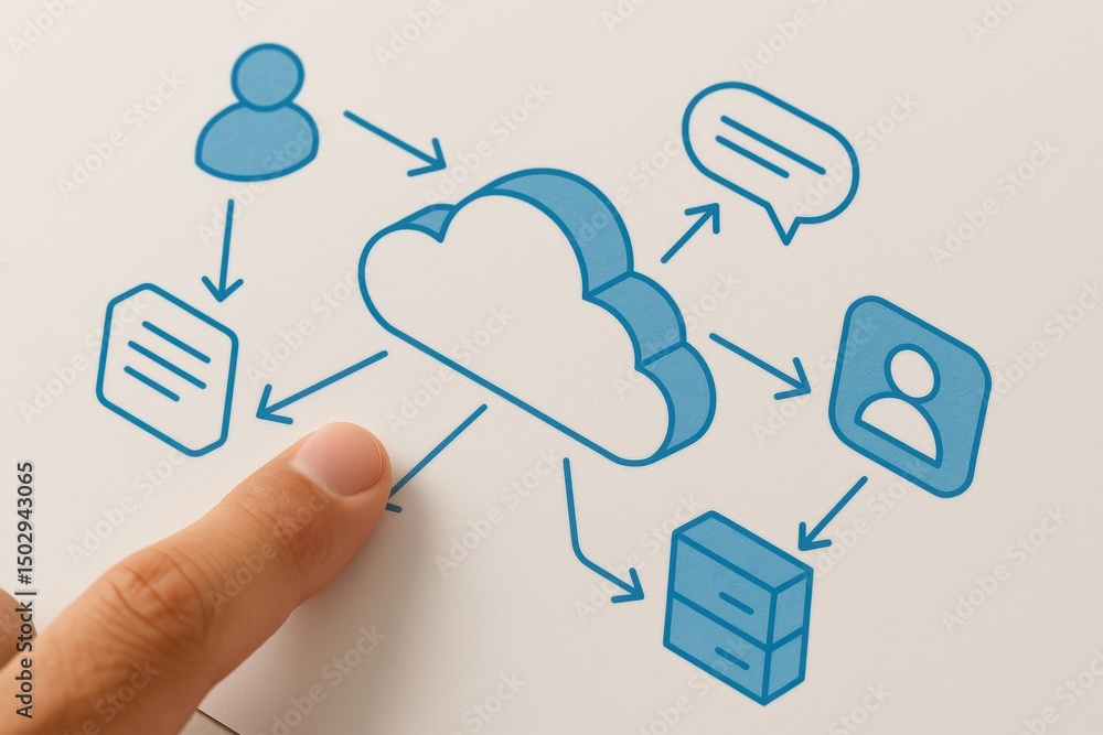 Poster cloud computing concept with user interaction and data management icons on a white background