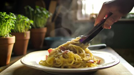 Serving Homemade Hot Carbonara Spaghetti in a Cozy Kitchen