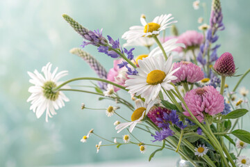 Fototapeta premium A captivating bouquet of daisies, clover, and other wildflowers, bursting with color and life.